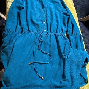 Teal Long Sleeve Dress with Drawstring